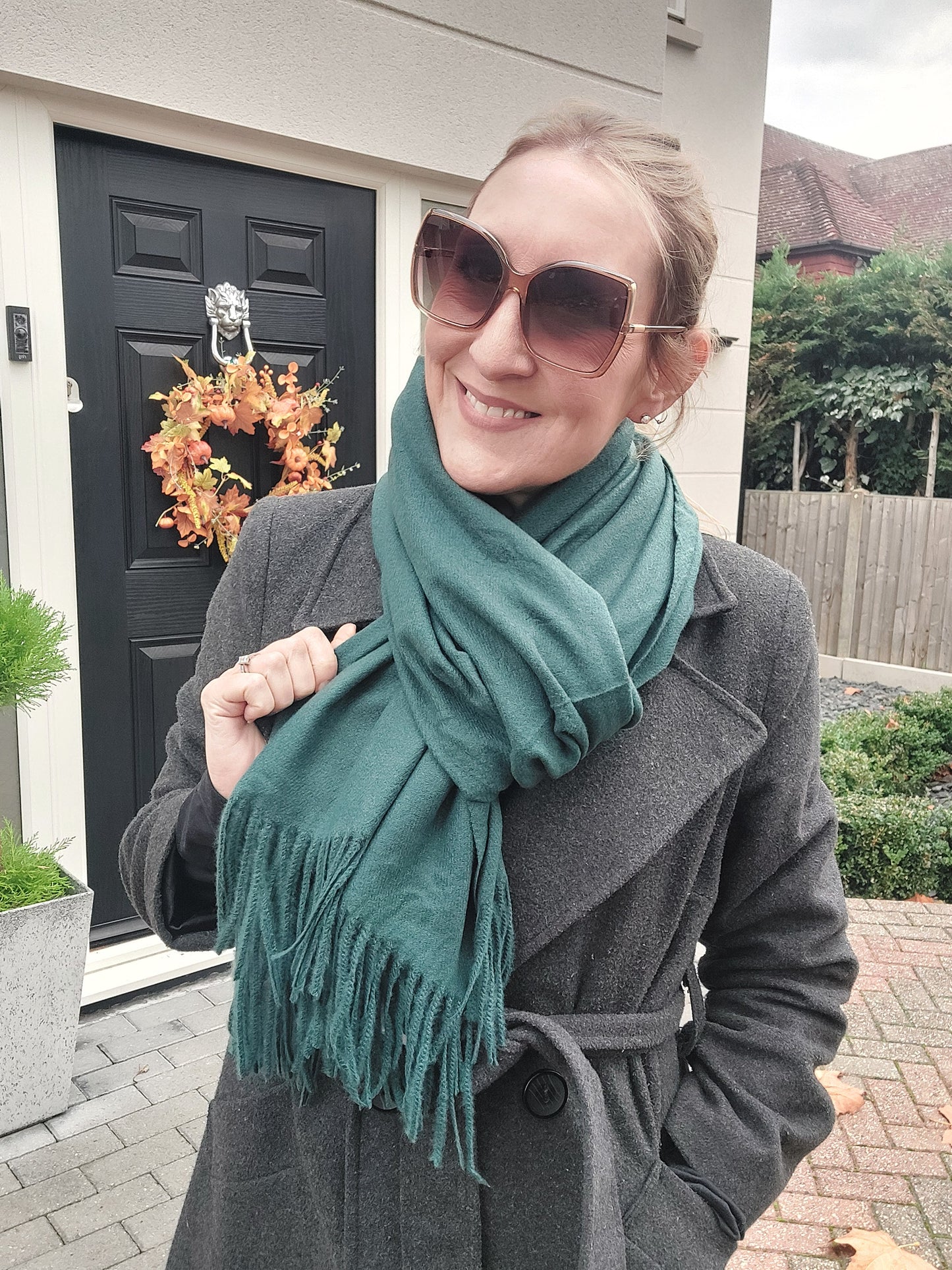 Plain Soft Wool Tassel Blanket Wrap Scarf In  Forest Green