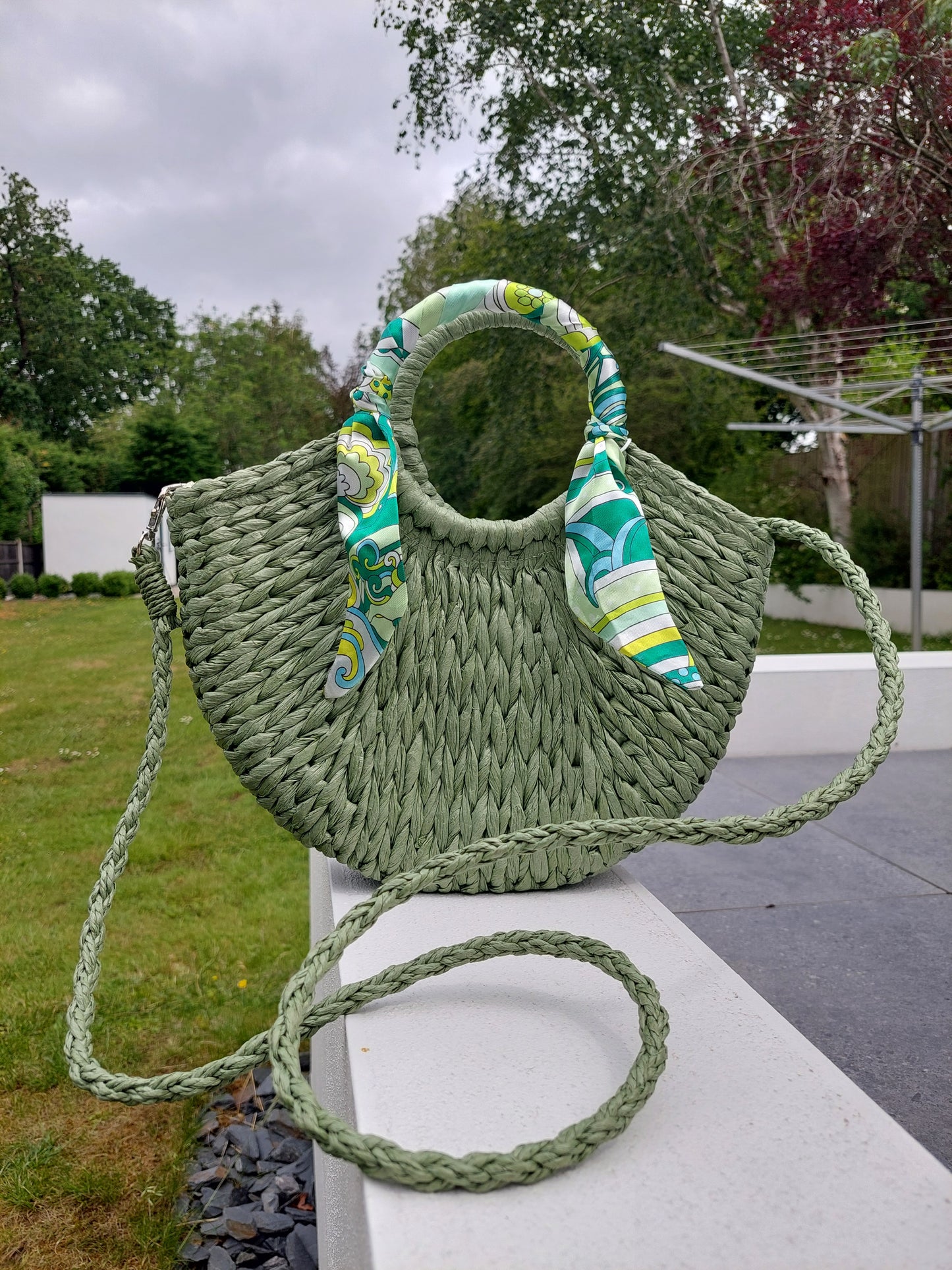 NEW ✨ Woven Scarf Handle Straw Grab Bag With Strap in Green - Filli London