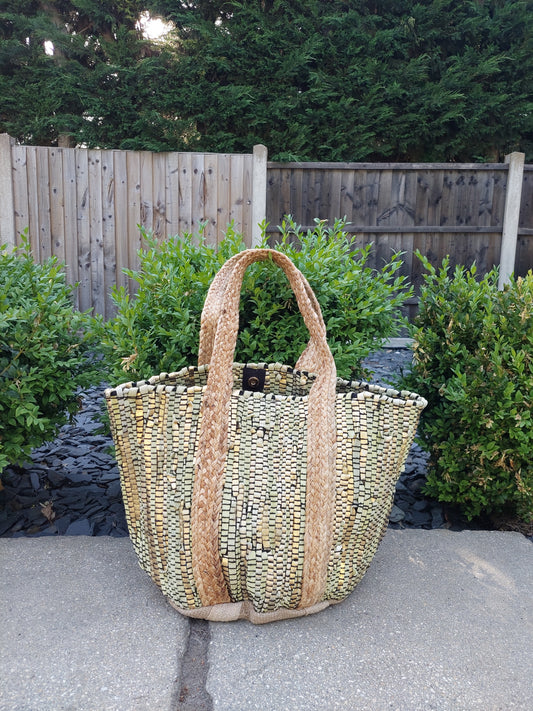 Luxe Edit 💎 Handwoven Leather & Straw Luxe Tote In Green/Gold