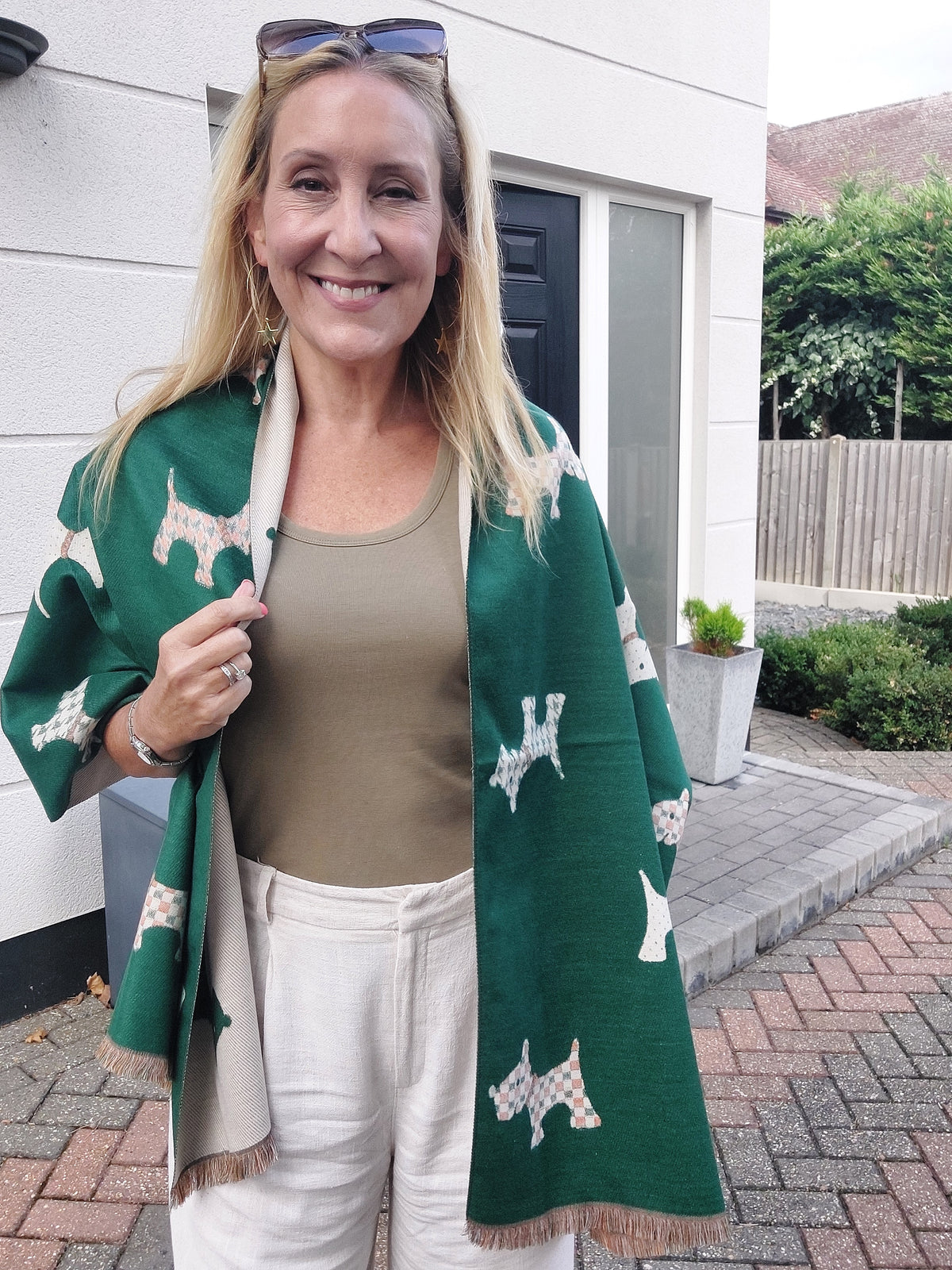 Reversible Scottie Dog Print Winter Scarf In Green