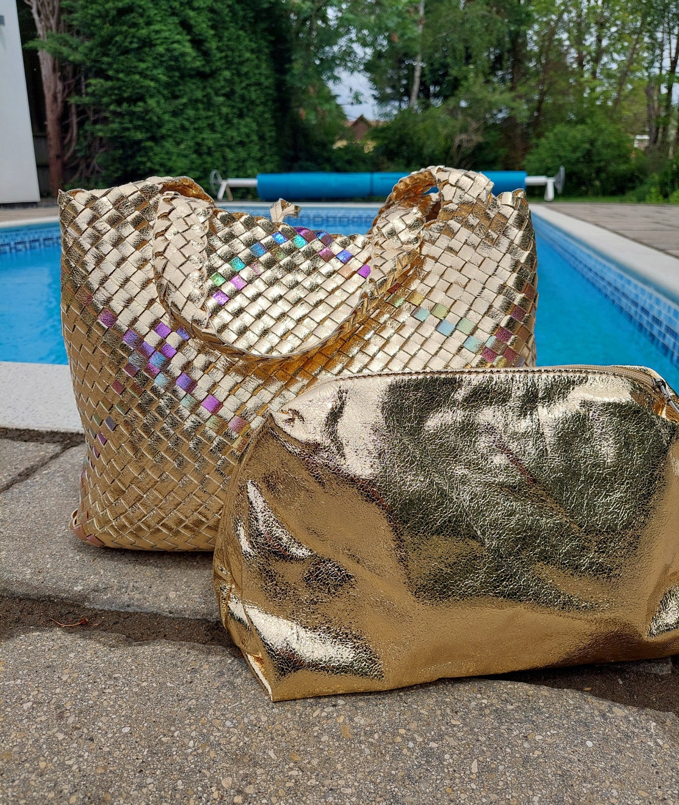 Luxe Edit 💎 Luna Metallic Woven Tote Set In Gold - Filli London