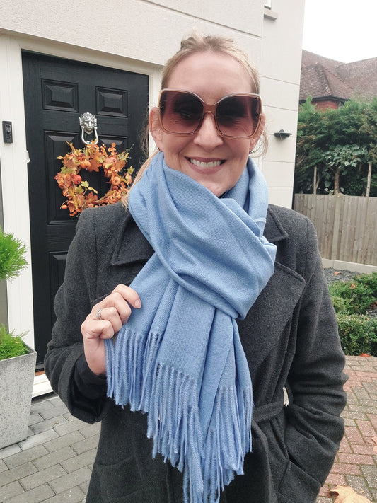 Plain Soft Wool Tassel Blanket Wrap Scarf In Denim