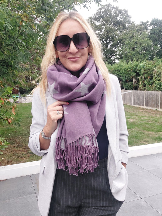 Best Seller⭐Star Pattern Reversible Winter Cashmere Wrap Tassel Scarf In Purple