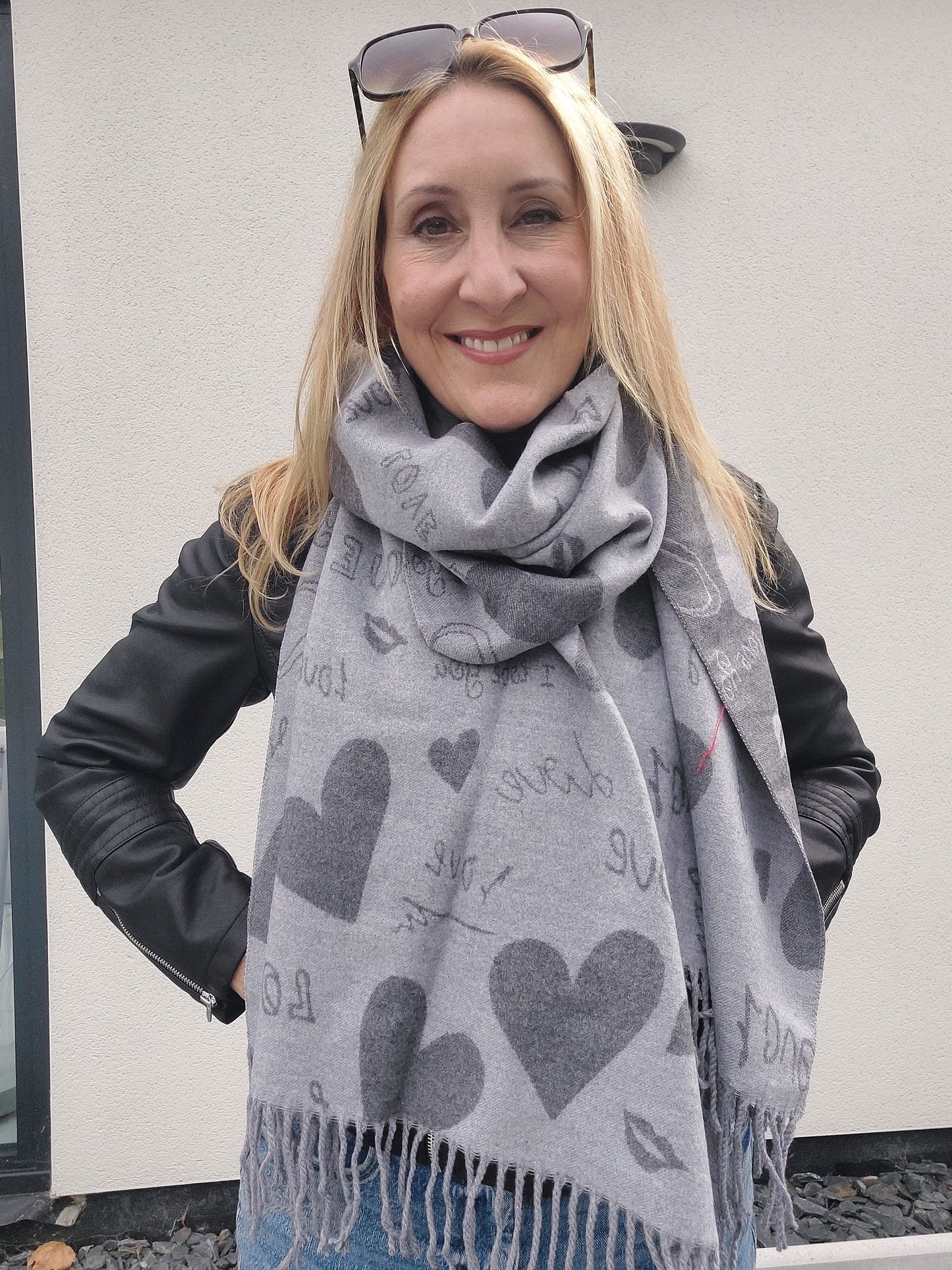 Love Heart Reversible Winter Wrap Scarf With Cashmere In Grey