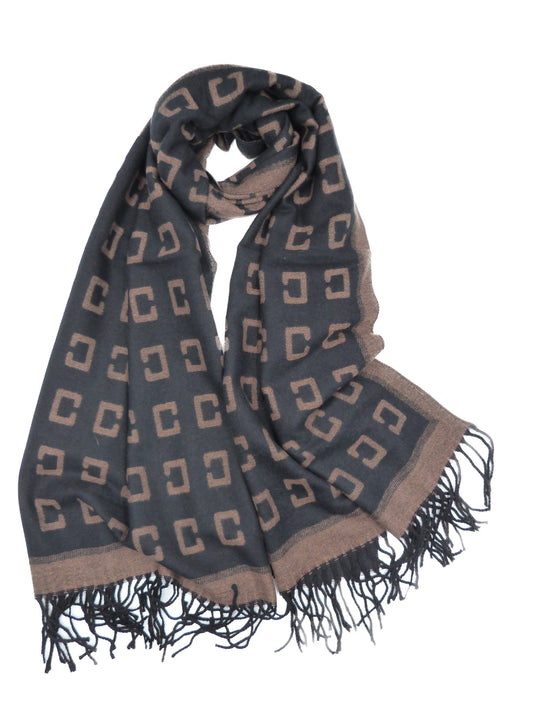 Reversible Block Print Cashmere Scarf In Black/Taupe
