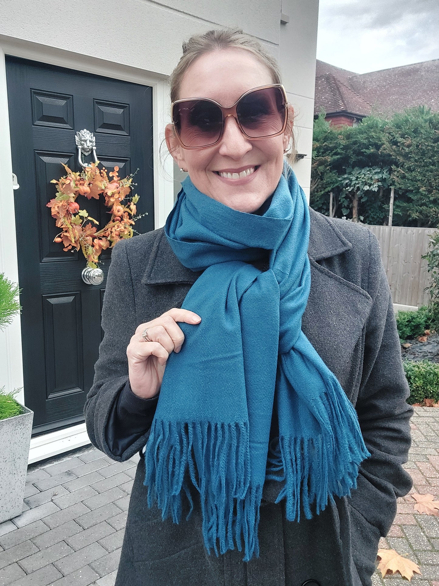 Plain Soft Wool Tassel Blanket Wrap Scarf In Teal