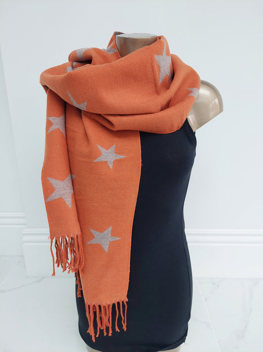 Best Seller⭐Star Pattern Reversible Winter Cashmere Wrap Tassel Scarf In Orange