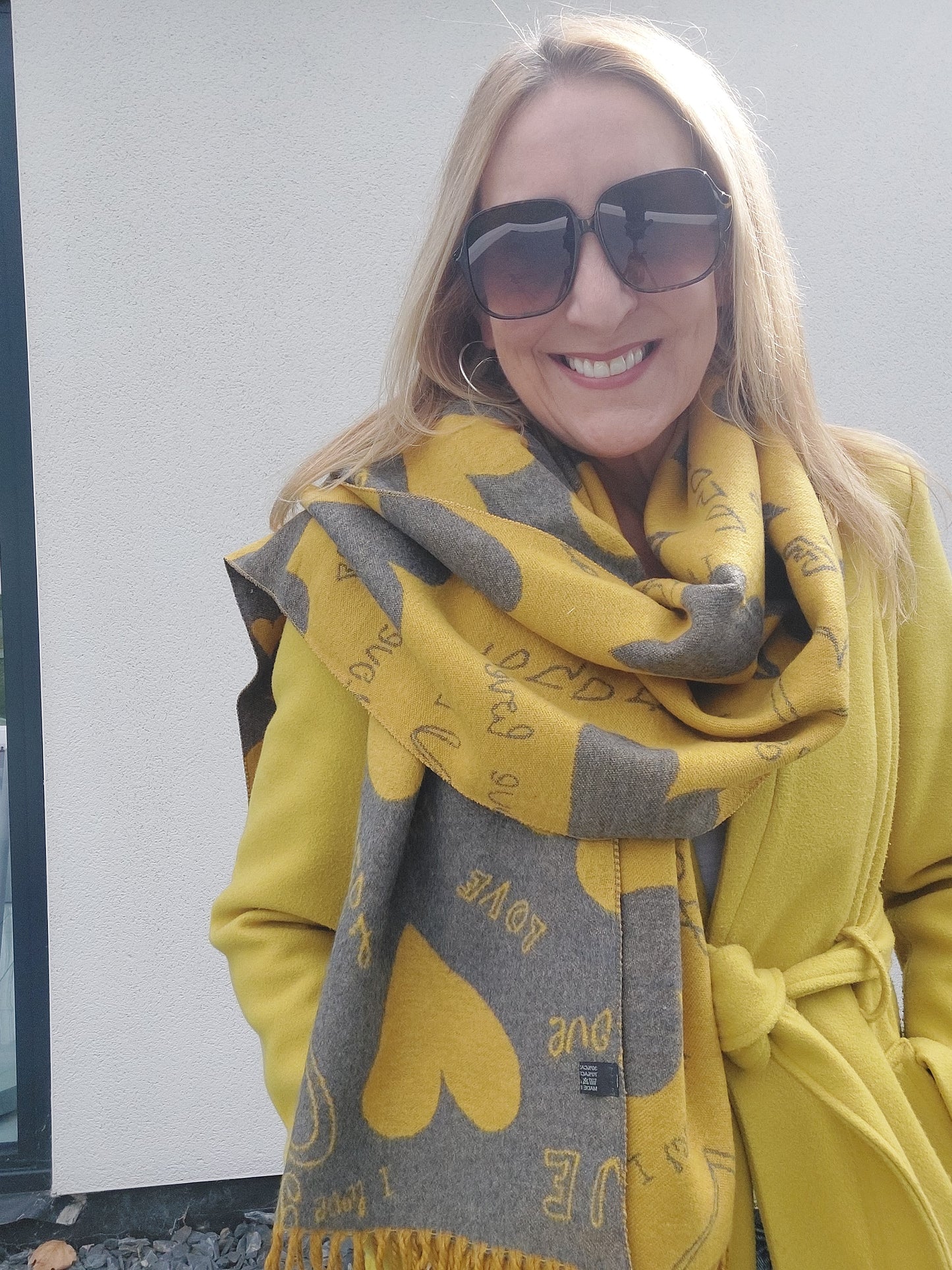 Love Heart Reversible Winter Wrap Scarf With Cashmere In Mustard