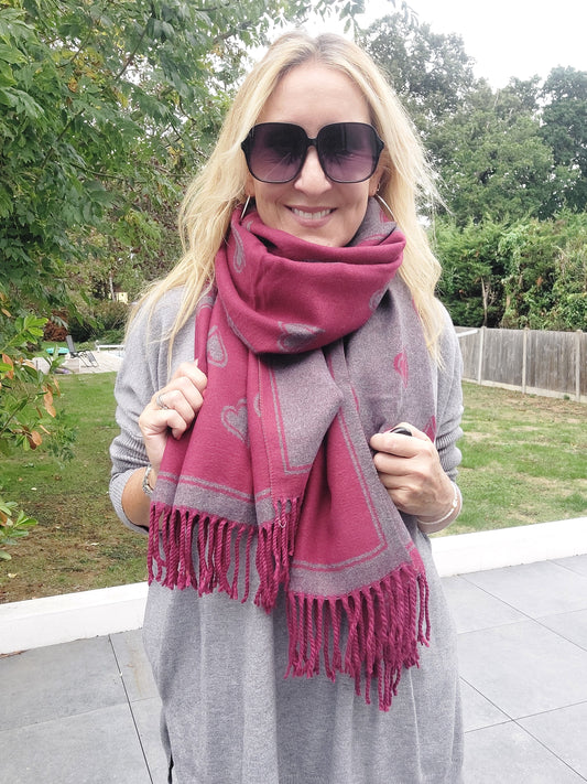 Reversible Heart Print Cashmere Blend Scarf In Wine
