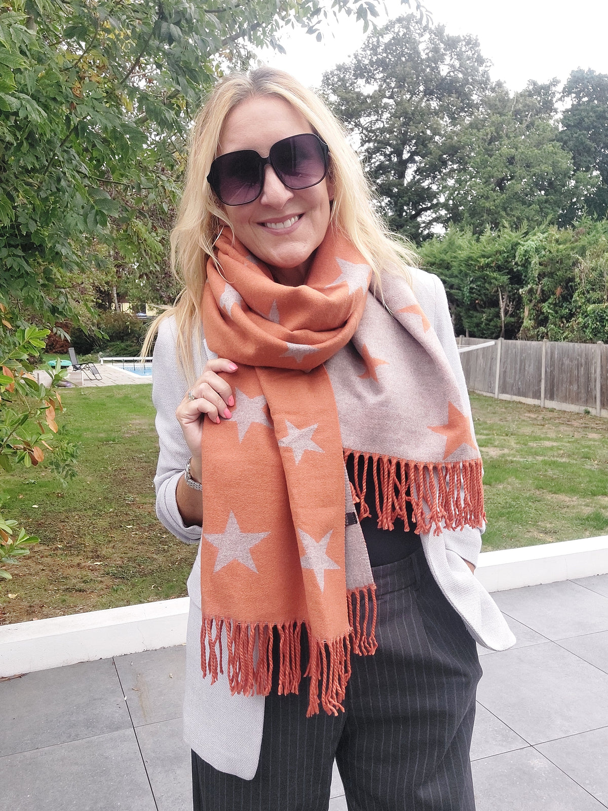 Best Seller⭐Star Pattern Reversible Winter Cashmere Wrap Tassel Scarf In Orange