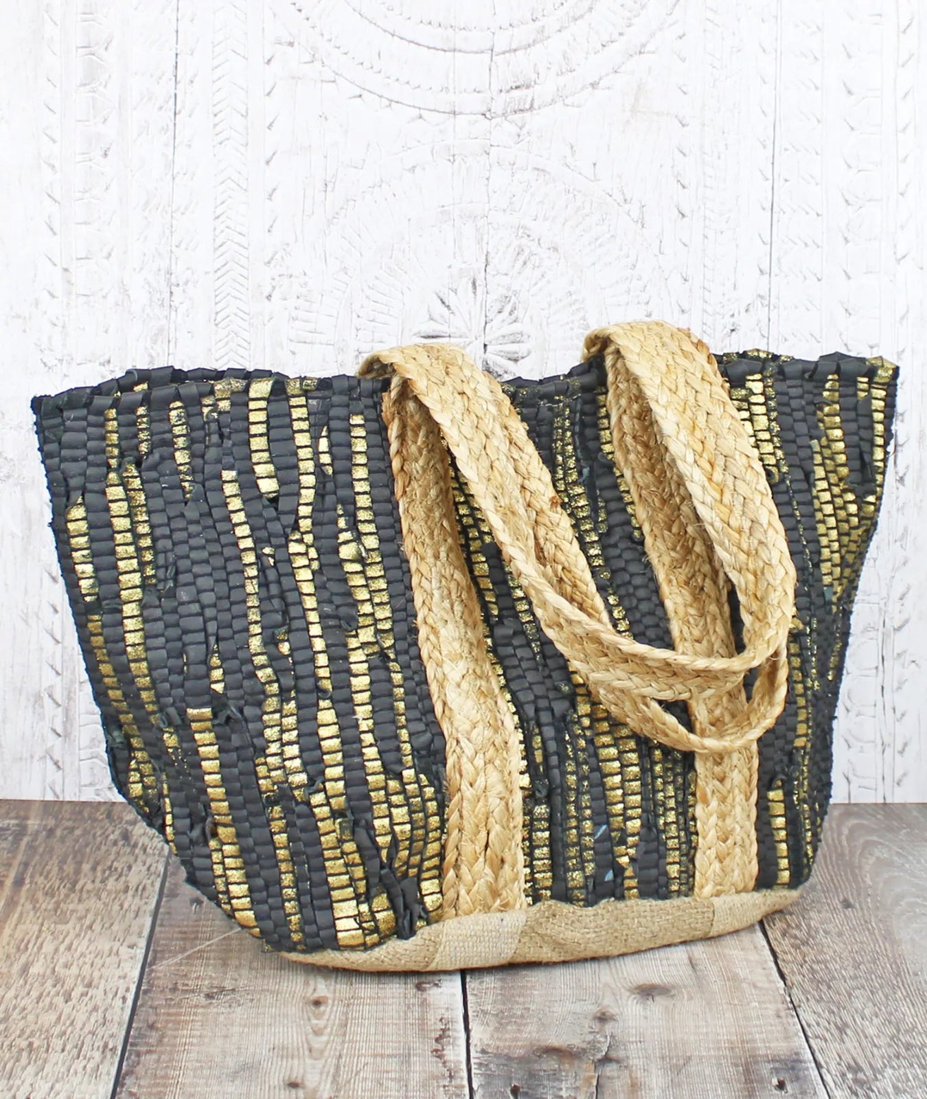Luxe Edit 💎 Handwoven Leather & Straw Luxe Tote In Black/Gold