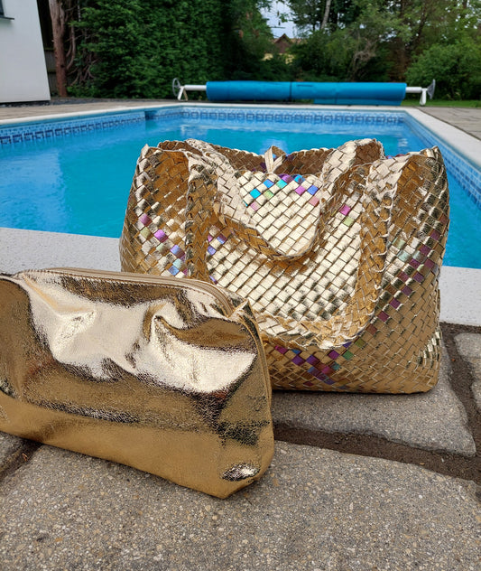 Luxe Edit 💎 Luna Metallic Woven Tote Set In Gold - Filli London