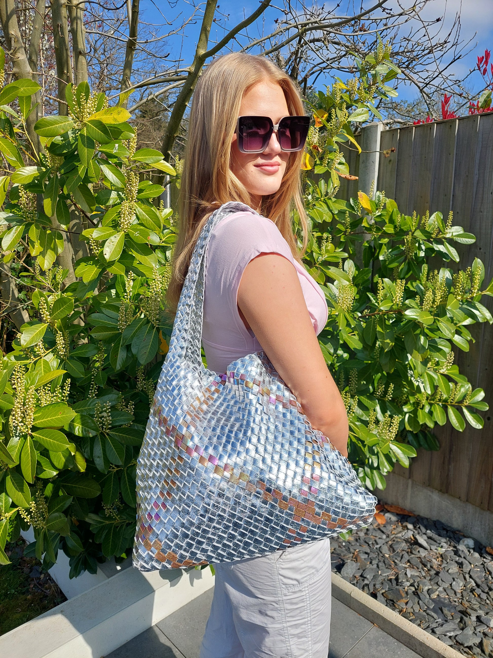 NEW ✨Luna Metallic Woven Tote Set In Silver - Filli London