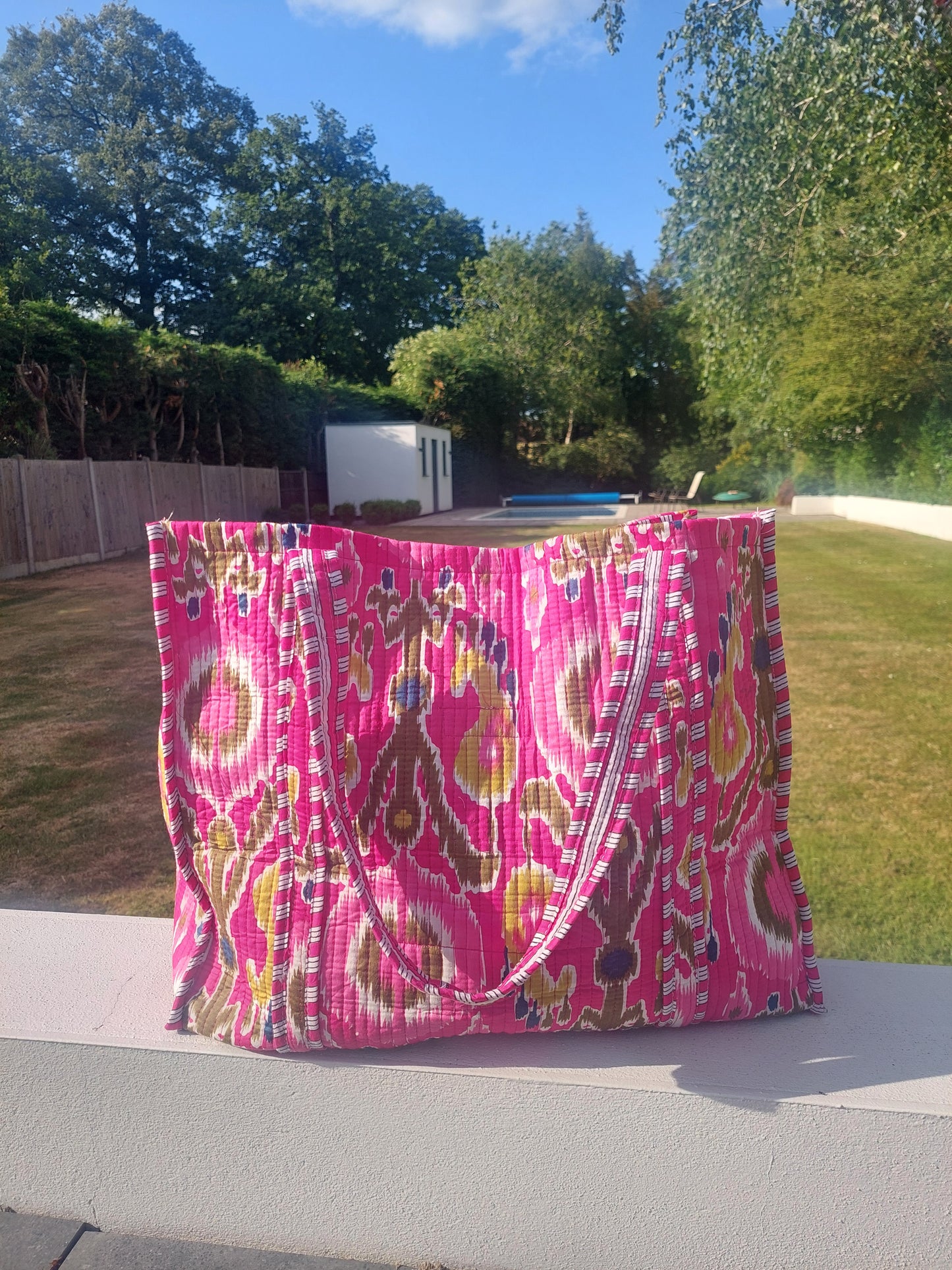 Reversible Quilted Cotton Ikat Print Tote Beach Bag In Fuchsia Pink
