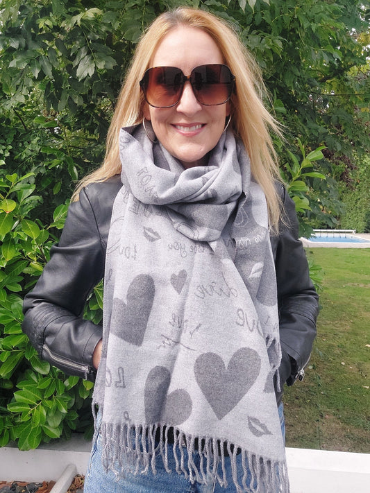Love Heart Reversible Winter Wrap Scarf With Cashmere In Grey