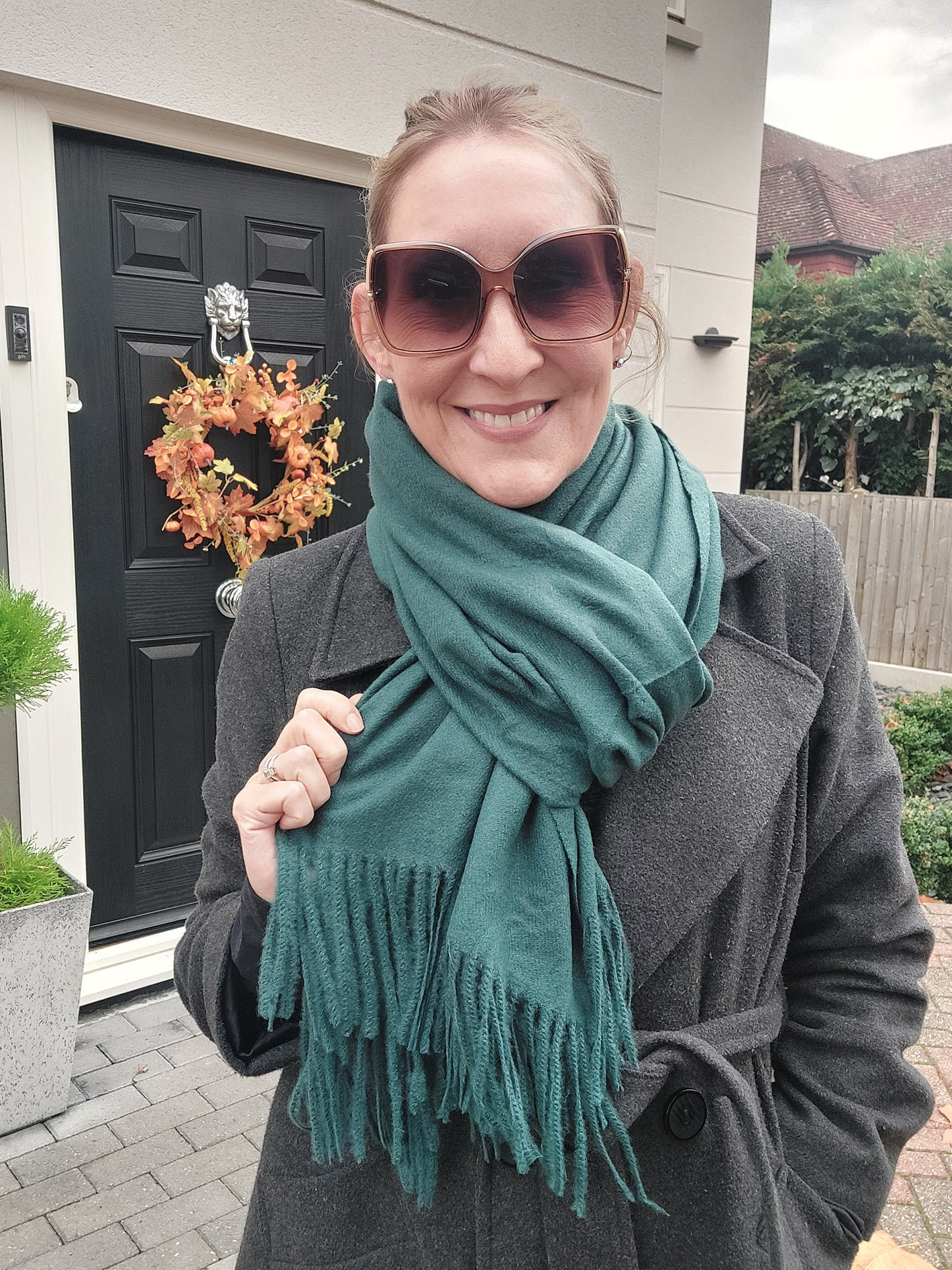 Plain Soft Wool Tassel Blanket Wrap Scarf In  Forest Green