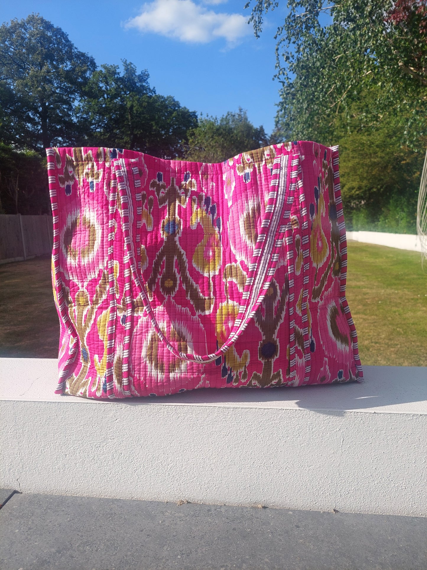 Reversible Quilted Cotton Ikat Print Tote Beach Bag In Fuchsia Pink