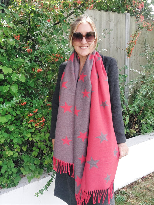Star Pattern Reversible Winter Cashmere Wrap Tassel Scarf In Red