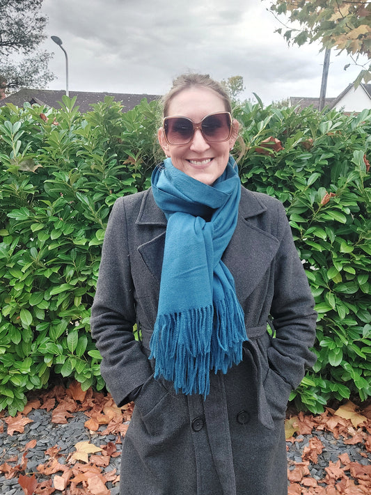 Plain Soft Wool Tassel Blanket Wrap Scarf In Teal