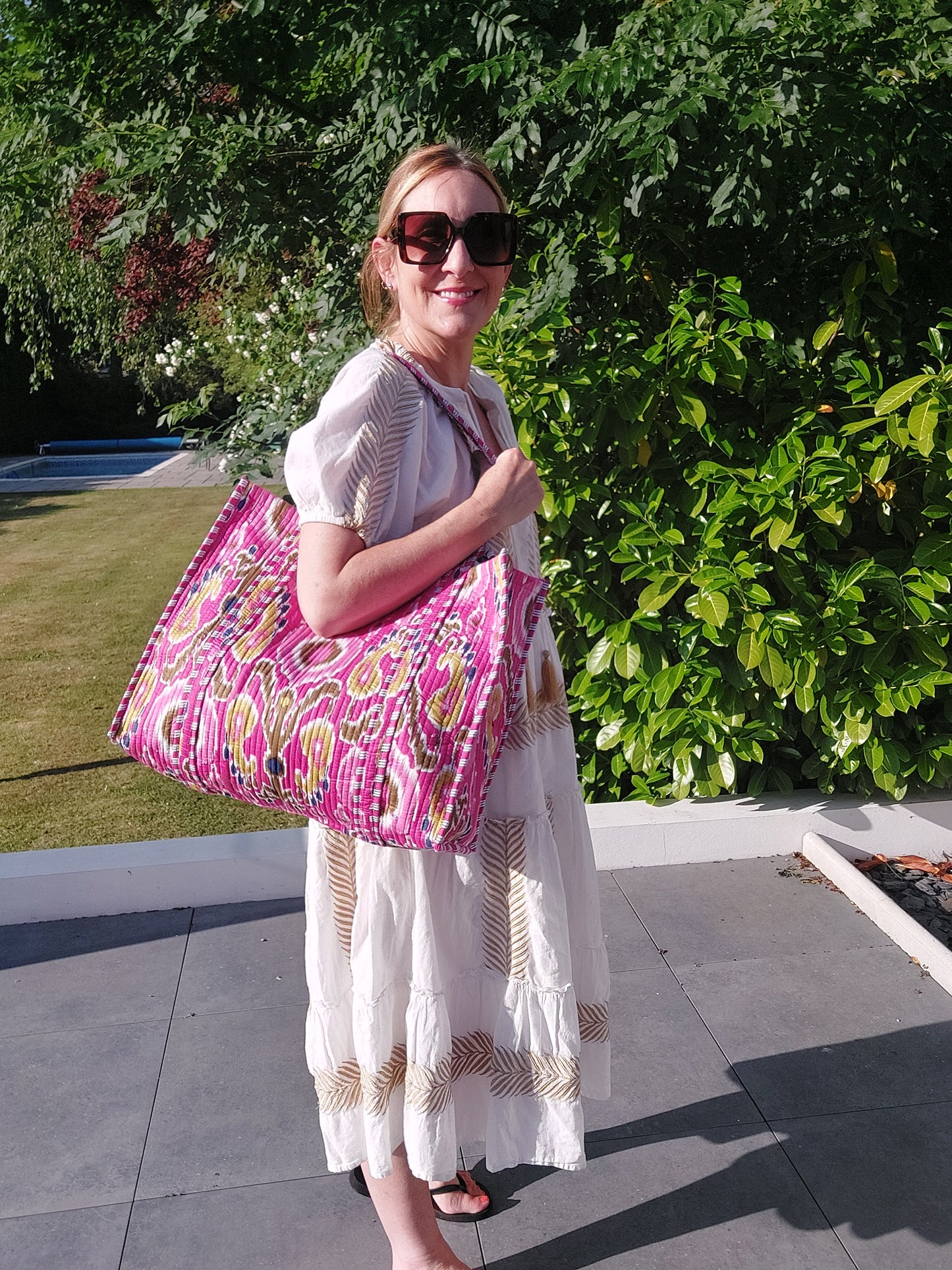Reversible Quilted Cotton Ikat Print Tote Beach Bag In Fuchsia Pink