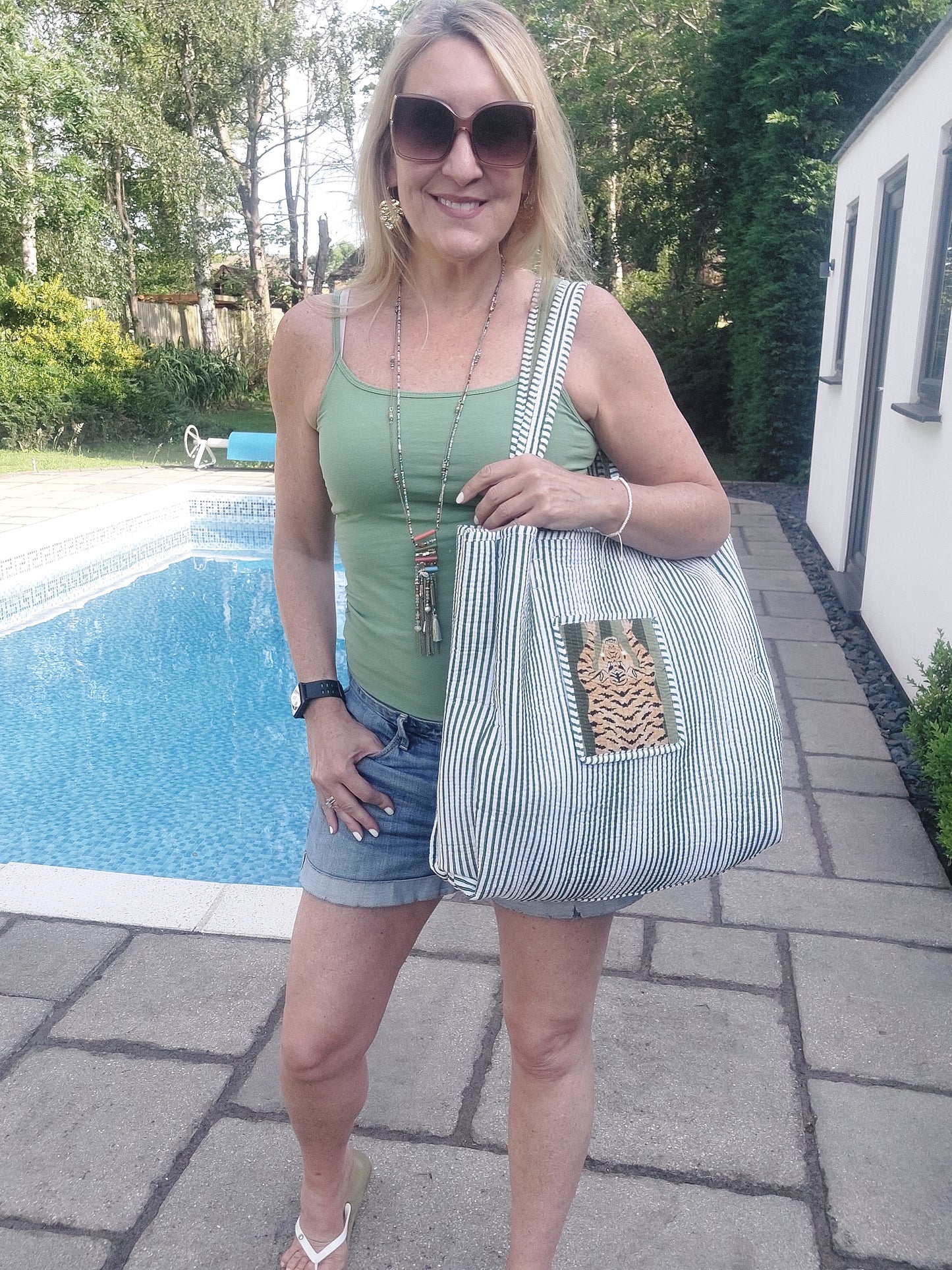Luxe Edit 💎 Reversible Tiger Print Quilted Cotton Tote In Green - Filli London