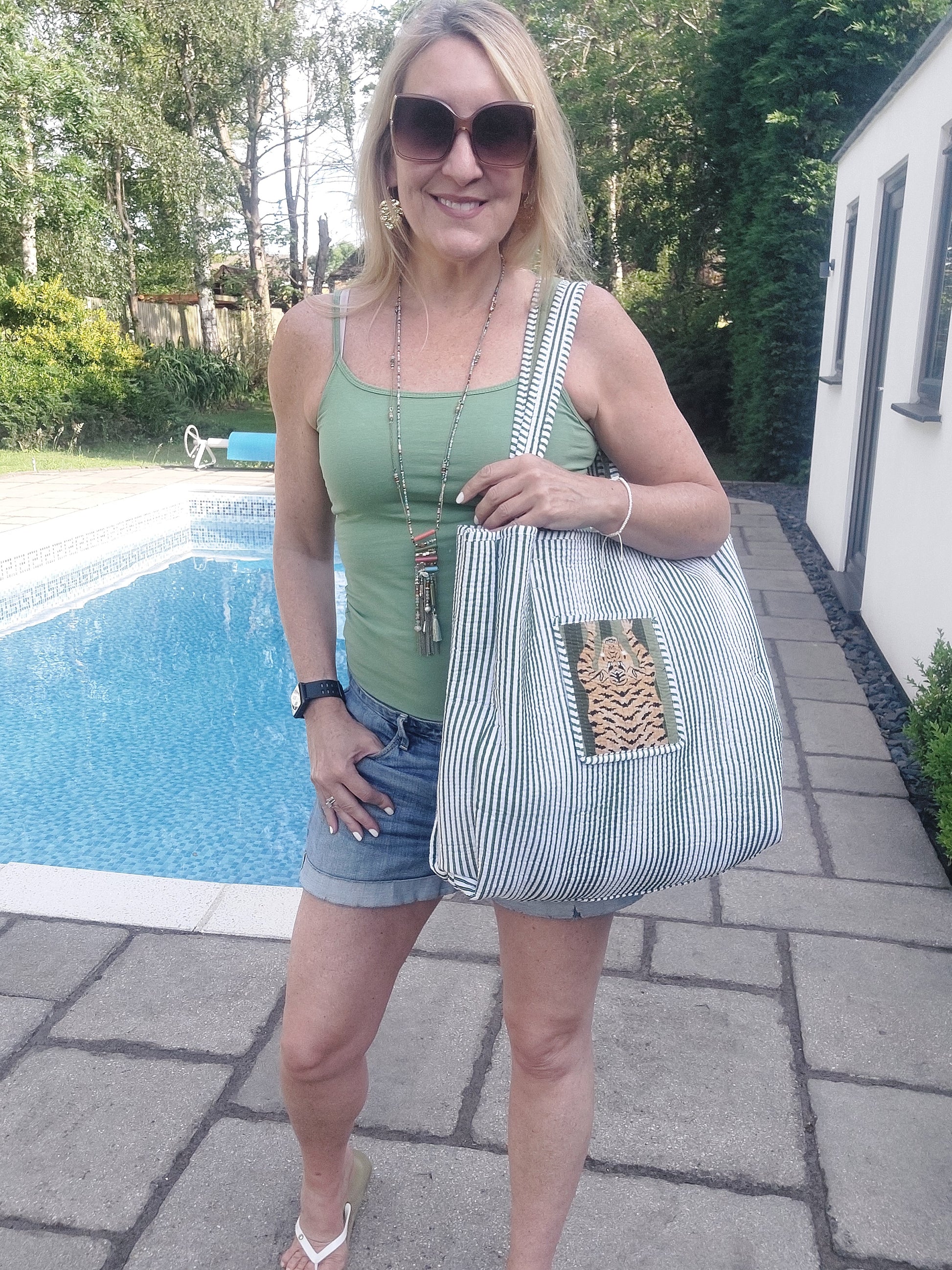 Luxe Edit 💎 Reversible Tiger Print Quilted Cotton Tote In Green - Filli London