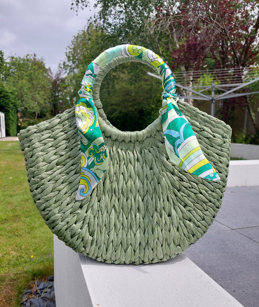 NEW ✨ Woven Scarf Handle Straw Grab Bag With Strap in Green - Filli London
