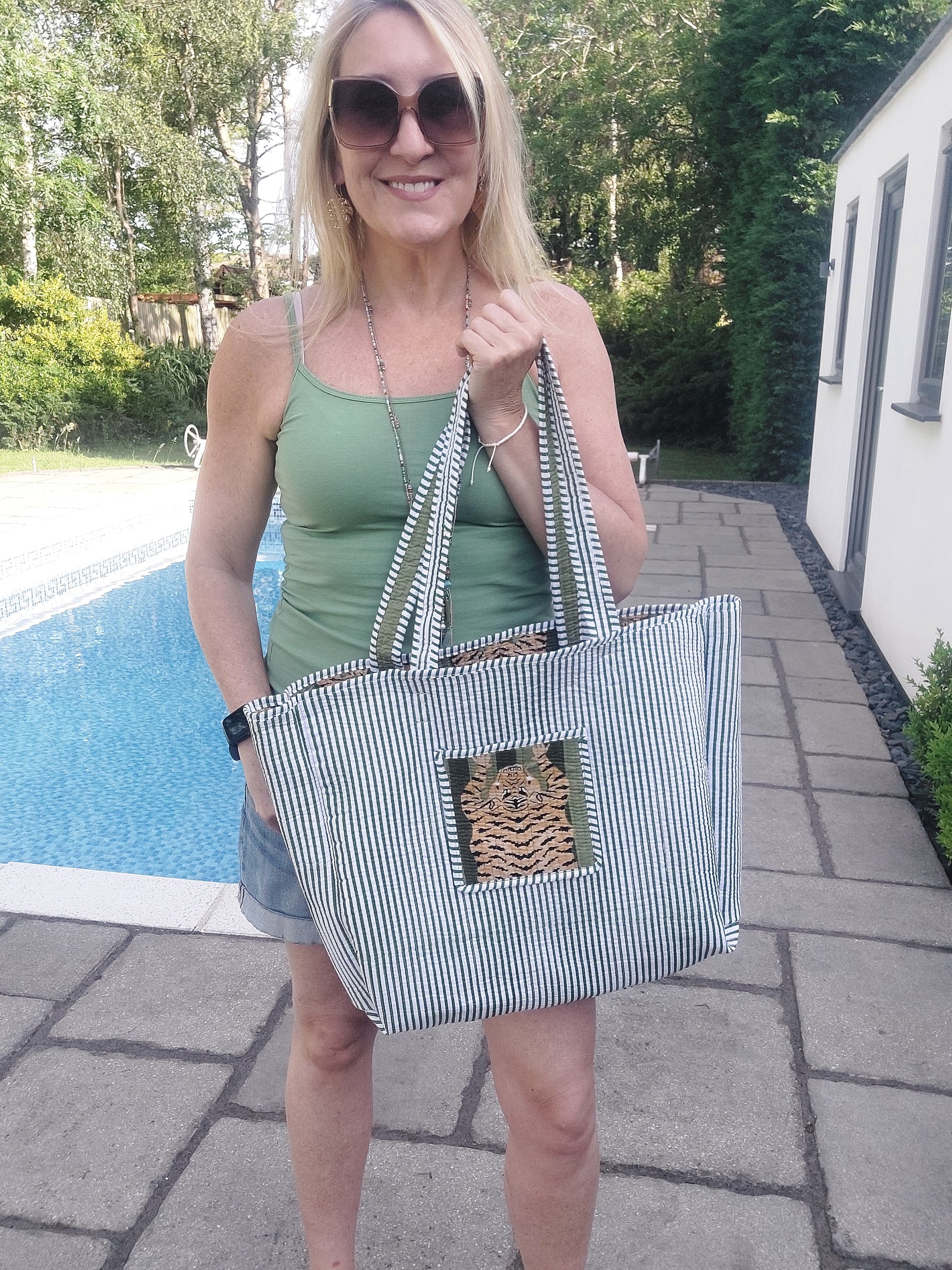 Luxe Edit 💎 Reversible Tiger Print Quilted Cotton Tote In Green - Filli London
