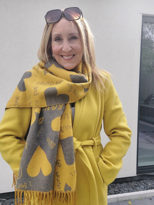 Love Heart Reversible Winter Wrap Scarf With Cashmere In Mustard