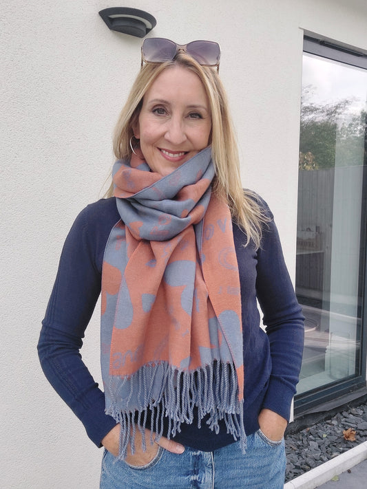 Love Heart Reversible Winter Wrap Scarf With Cashmere In Blue/Orange