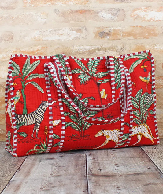 Luxe Edit 💎 Reversible Jungle Print Quilted Cotton Tote In Red