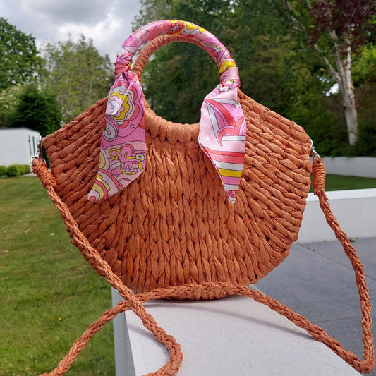 NEW ✨ Woven Scarf Handle Straw Grab Bag With Strap in Orange