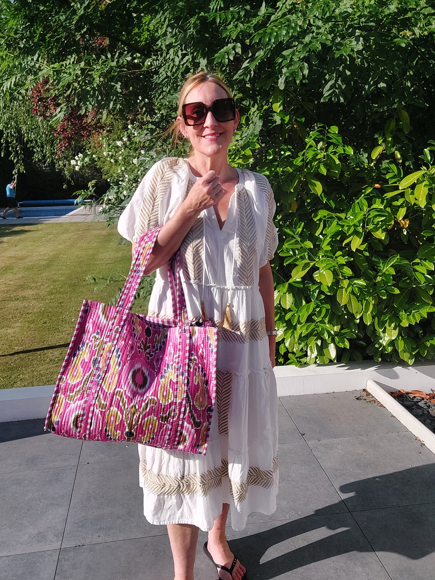Reversible Quilted Cotton Ikat Print Tote Beach Bag In Fuchsia Pink