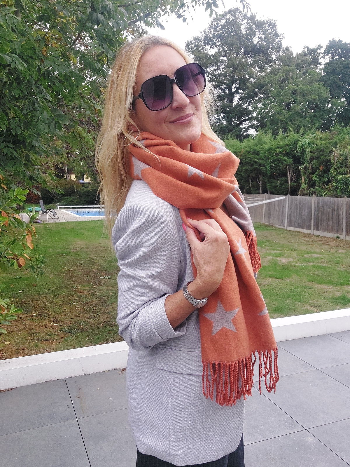 Best Seller⭐Star Pattern Reversible Winter Cashmere Wrap Tassel Scarf In Orange