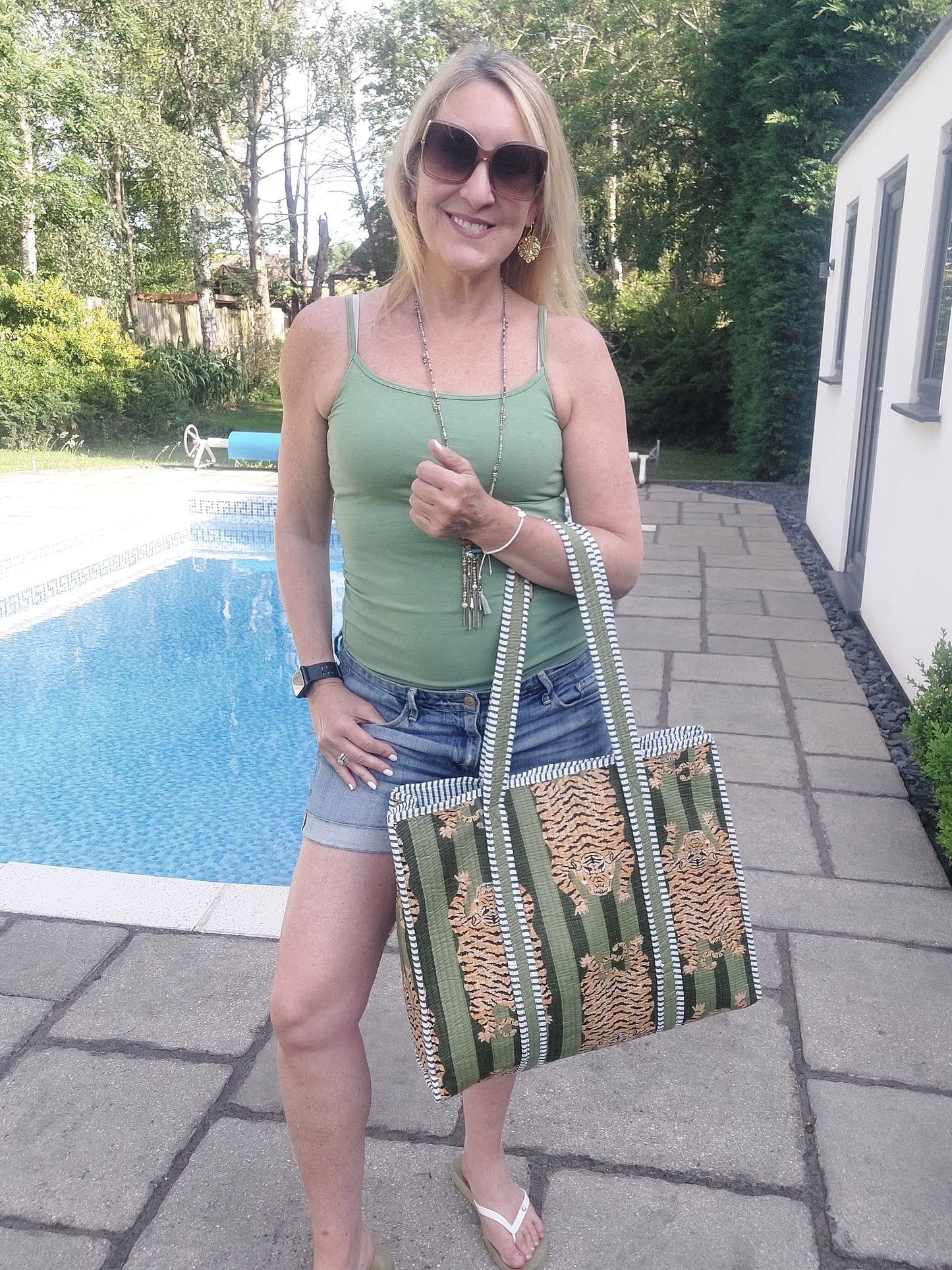 Luxe Edit 💎 Reversible Tiger Print Quilted Cotton Tote In Green - Filli London