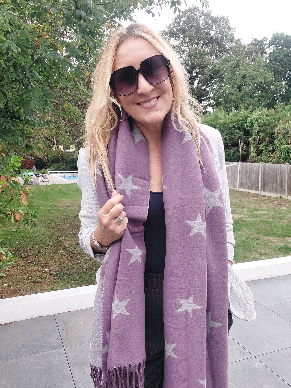 Best Seller⭐Star Pattern Reversible Winter Cashmere Wrap Tassel Scarf In Purple