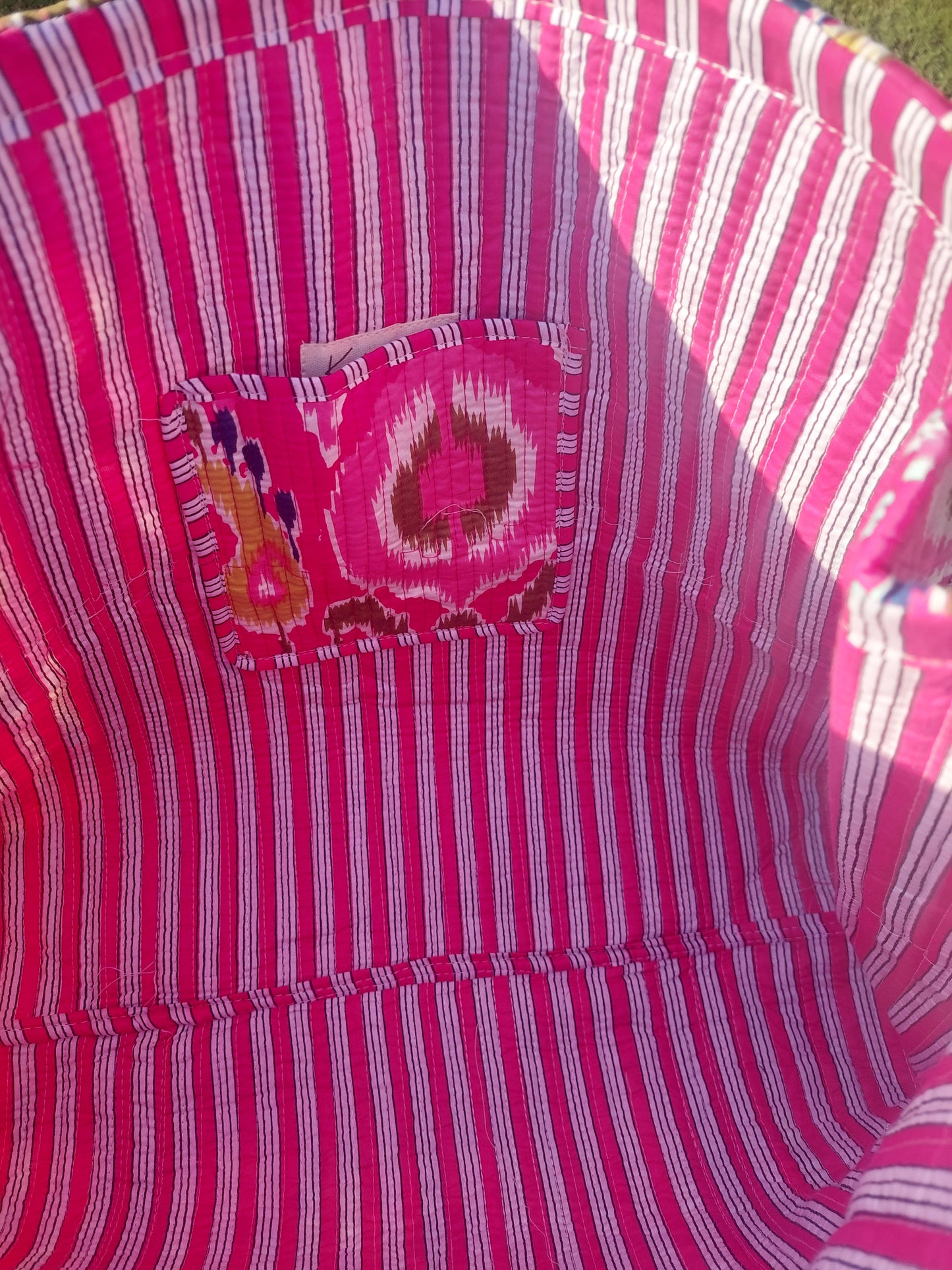 Reversible Quilted Cotton Ikat Print Tote Beach Bag In Fuchsia Pink