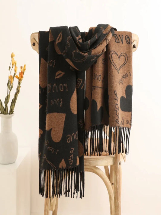 Love Heart Reversible Winter Wrap Scarf With Cashmere In Black/Tan