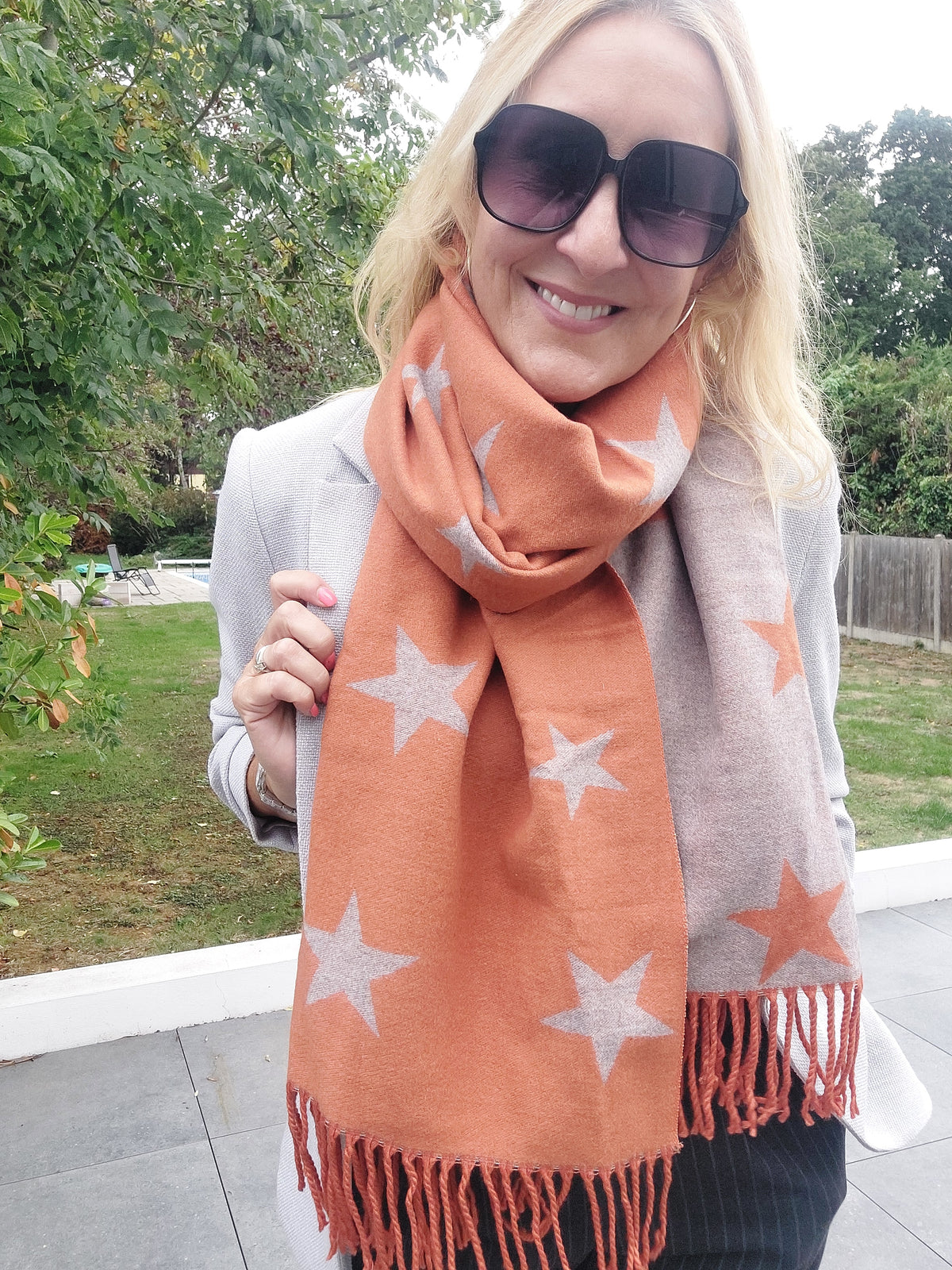 Best Seller⭐Star Pattern Reversible Winter Cashmere Wrap Tassel Scarf In Orange