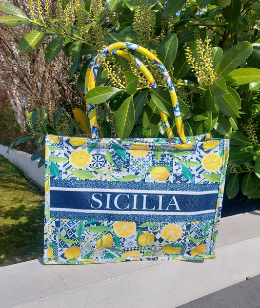 NEW ✨ Sicilia Woven Beach Tote Lemon Print - Filli London