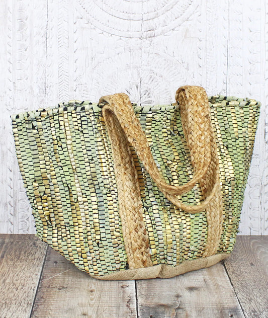 Luxe Edit 💎 Handwoven Leather & Straw Luxe Tote In Green/Gold