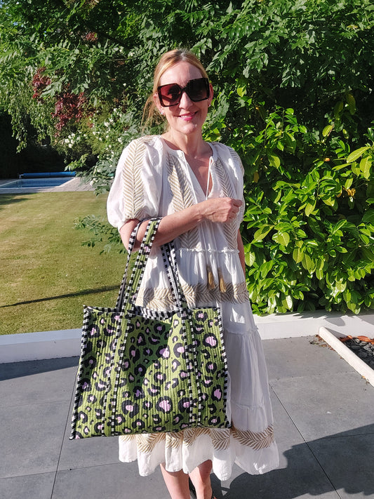Reversible Quilted Cotton Leopard Print Tote Beach Bag In Green