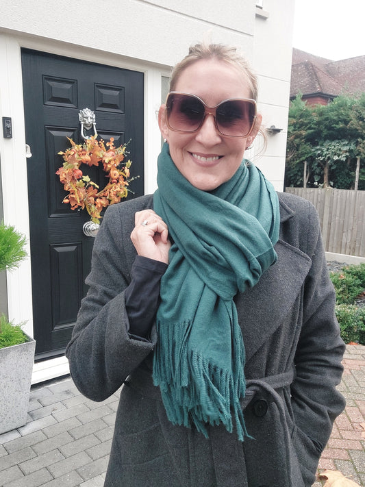 Plain Soft Wool Tassel Blanket Wrap Scarf In  Forest Green