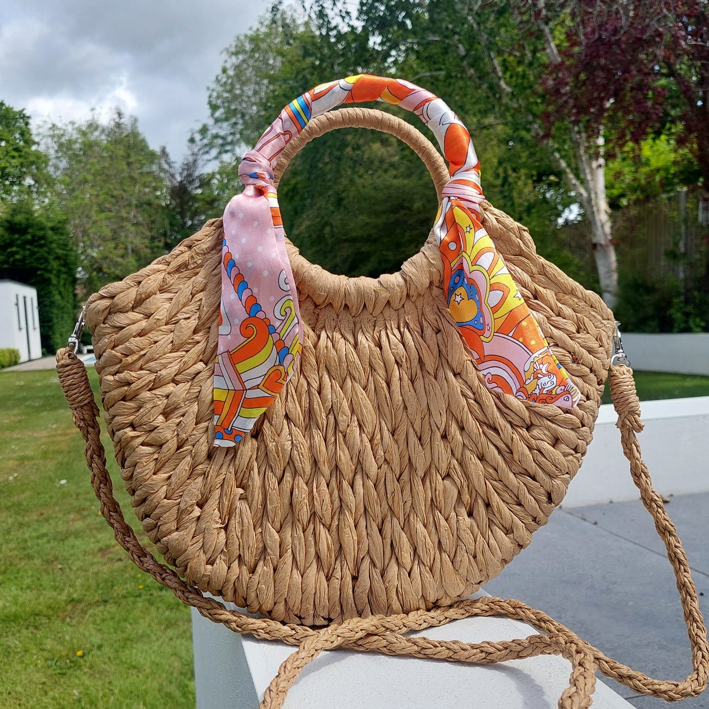 NEW ✨ Scarf Handle Straw Grab Bag With Strap in Stone