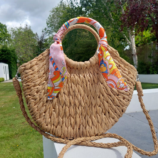 NEW ✨ Scarf Handle Straw Grab Bag With Strap in Stone