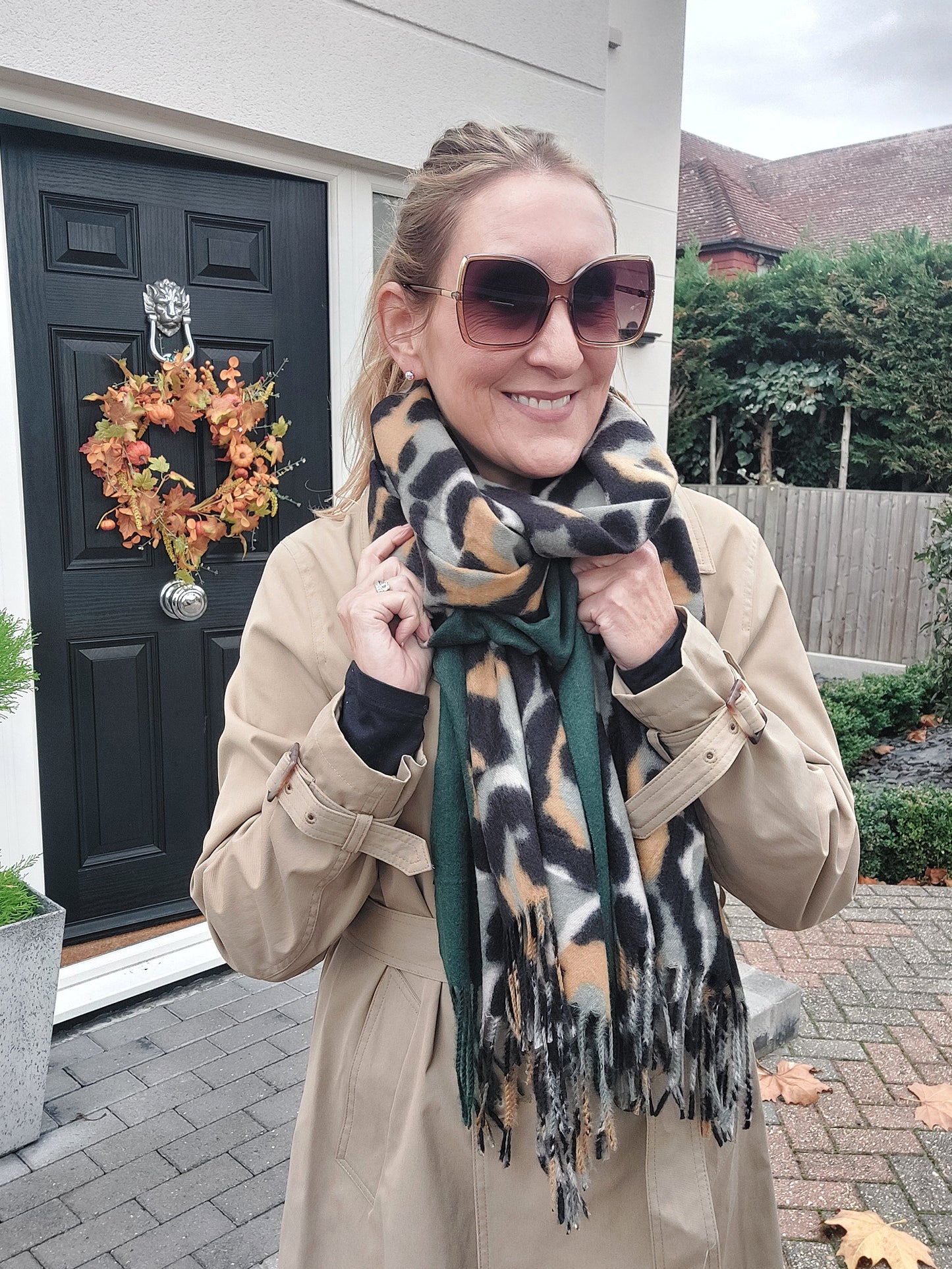 Green And Gold Leopard Print Soft Wool Tassel Scarf - Filli London