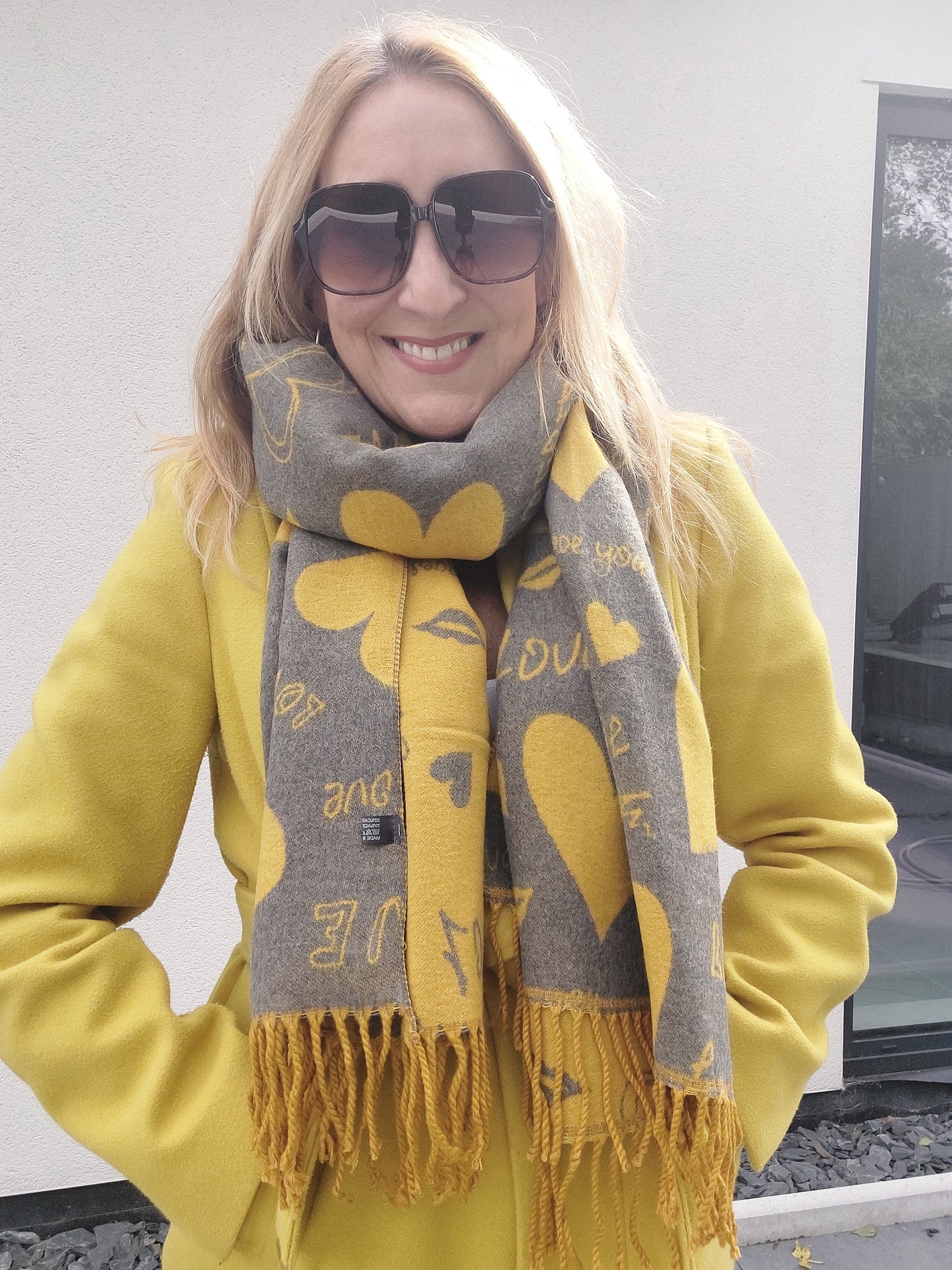 Love Heart Reversible Winter Wrap Scarf With Cashmere In Mustard