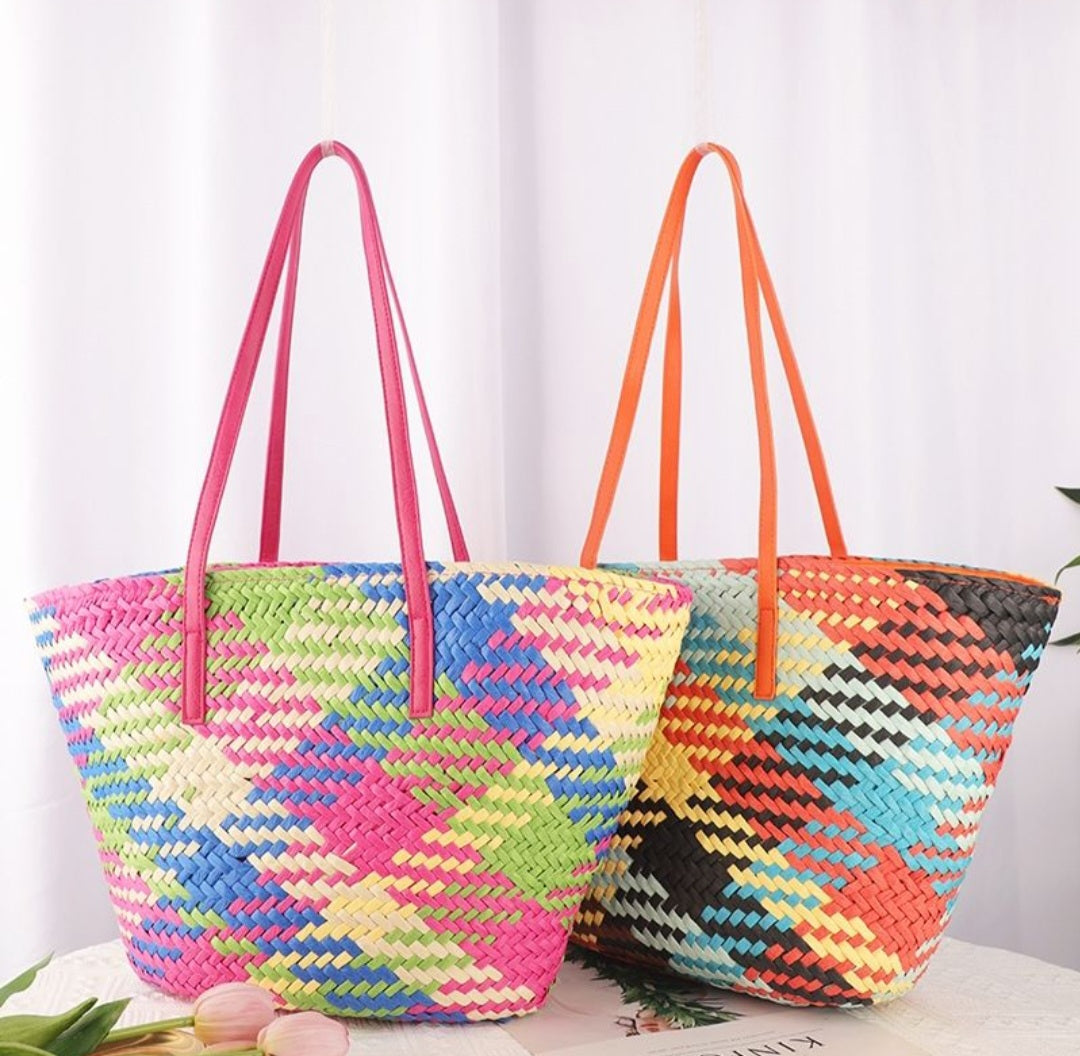 Woven Straw Beach Basket Bag In Pink Multi