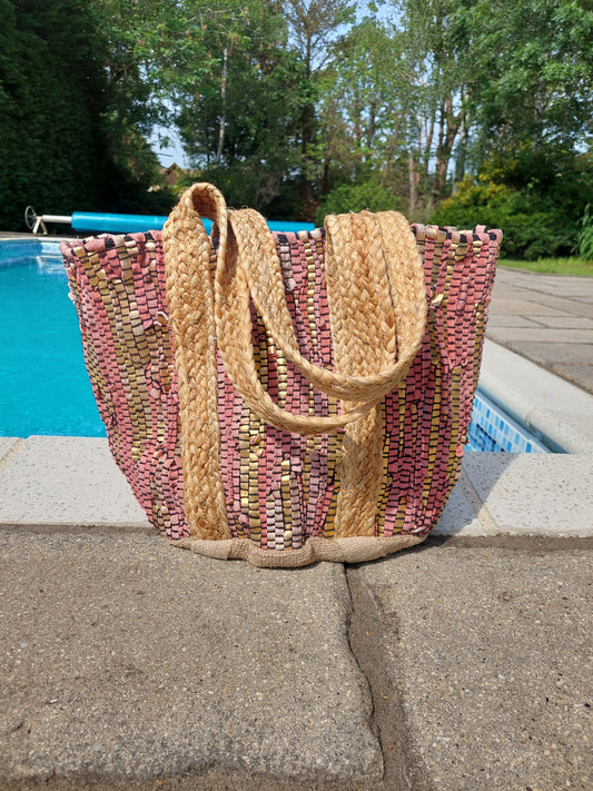 Luxe Edit 💎 Handwoven Leather & Straw Luxe Tote In Coral/Gold