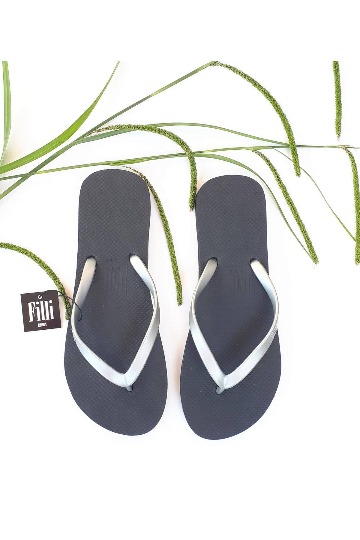 Naked Flip Flops - Silver on Black - Filli London